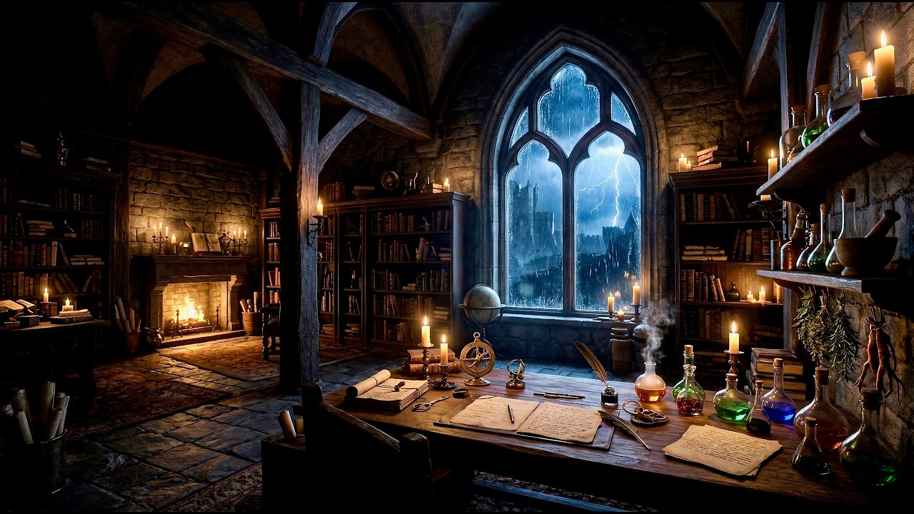 Cozy Alchemist’s Study Ambience 🔮⚡ Thunderstorm & Rain | Medieval Fantasy for Study, Sleep & Relax