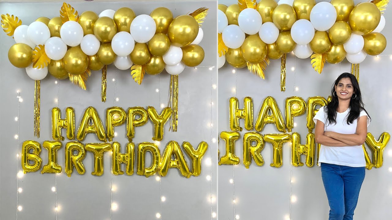 Gold White Theme Balloon Decoration For Birthday Anniversary Baby Gold White Theme Balloon Decoration For Birthday Anniversary Baby