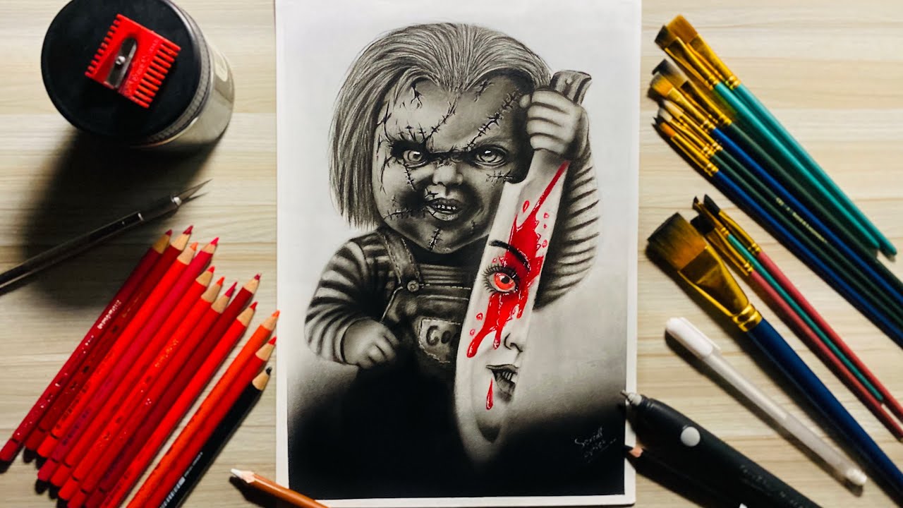 Chucky Horror Art – Realistic Graphite & Blood Splash” drawing |serial artist 👨‍🎨 