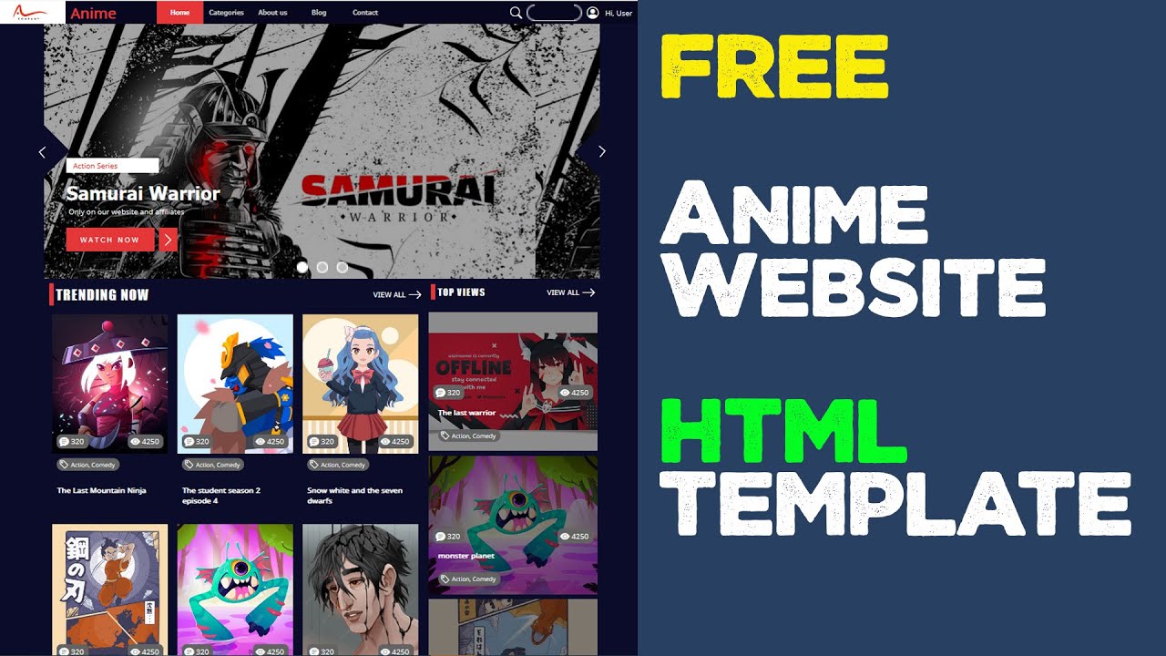 FREE Anime movies website home page HTML template + tutorial