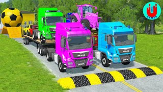 Double Flatbed Trailer Truck vs Speedbumps Train vs Cars | Tractor vs Train Beamng.Drive 068