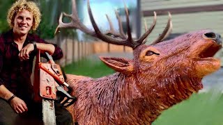INCREDIBLE CHAINSAW wood carving -  LIFE SIZED ELK 10ft