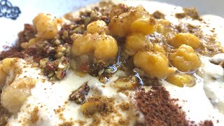 فتة الحمص، التسقية، على الطريقة السورية، Chickpeas Fatteh recipe, with yogurt sauce, crispy bread