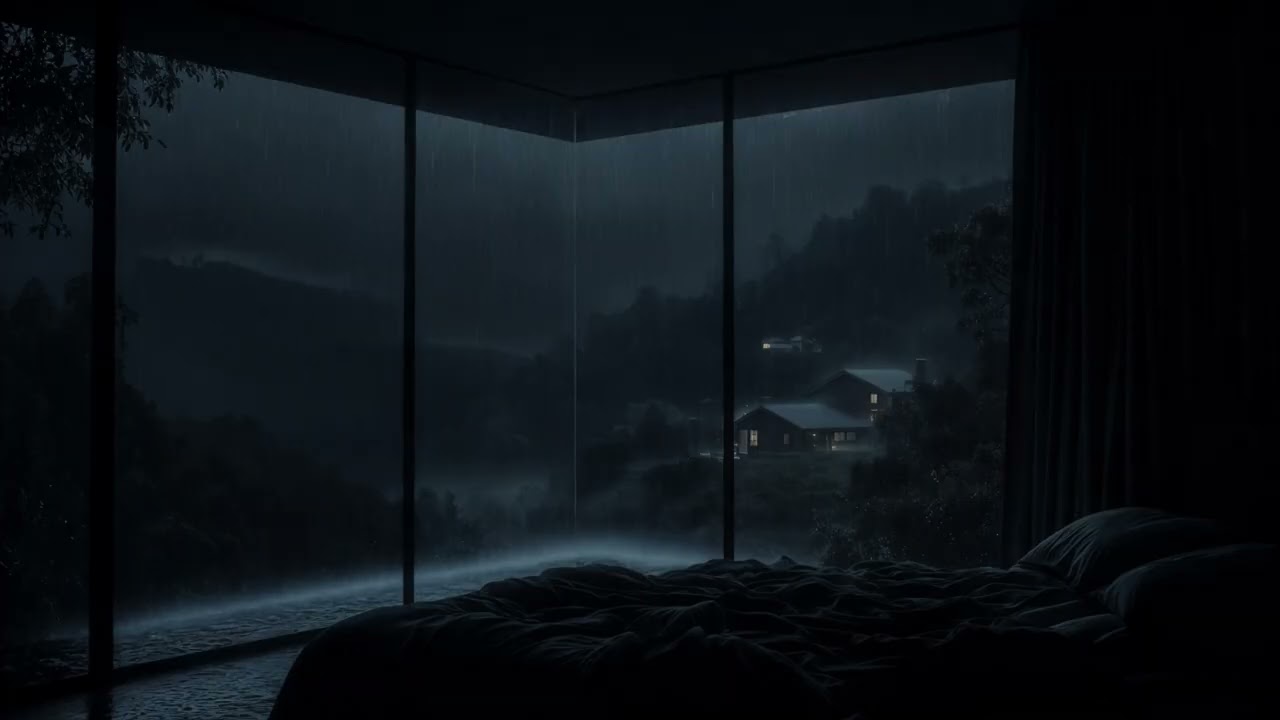 Rainy Night Window View 🌧️ Cozy Bedroom Ambience with Distant Cabin Lights  Deep Sleep Sounds
