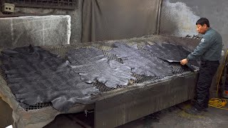 Process of Making Faux Crocodile Leather Jacket. Stamping Crocodile Skin on Sheepskin