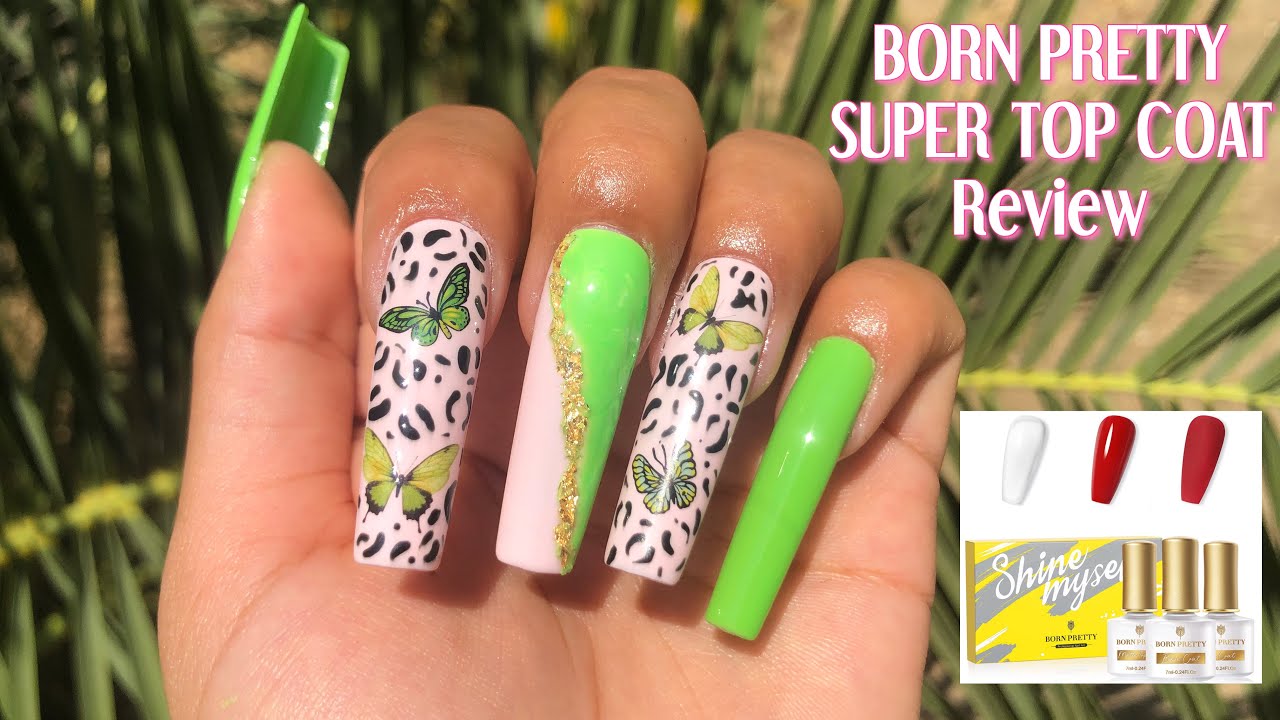 PINK & GREEN CHEETAH PRINT BUTTERFLY PRESS ONS || BORN PRETTY SUPER TOP COAT REVIEW