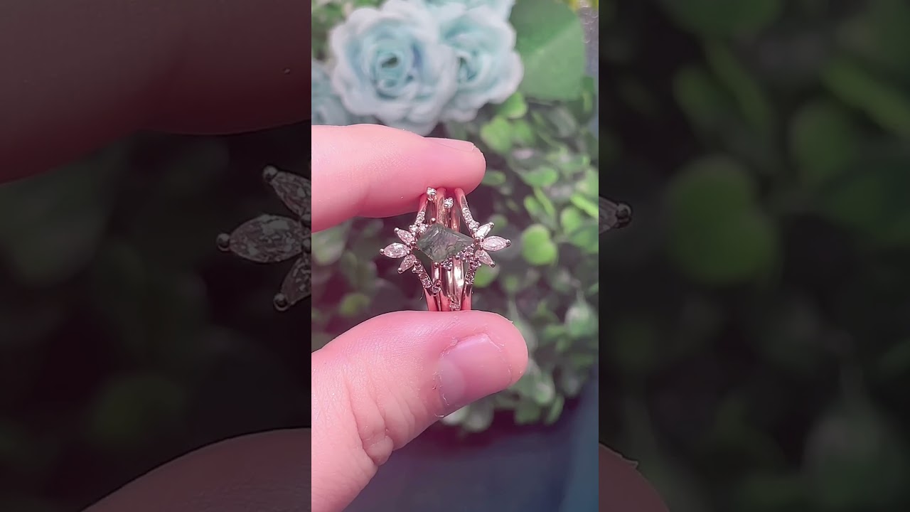 Kite Cut Moss Agate Engagement Ring Set | Rose Gold Moissanite Curved Wedding Band Bridal Jewelry
