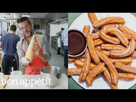Bon Appetit Test Kitchen churros with bittersweet chocolate sauce, mexico-style | from the Bon Appetit Test Kitchen churros with bittersweet chocolate sauce, mexico-style | from the