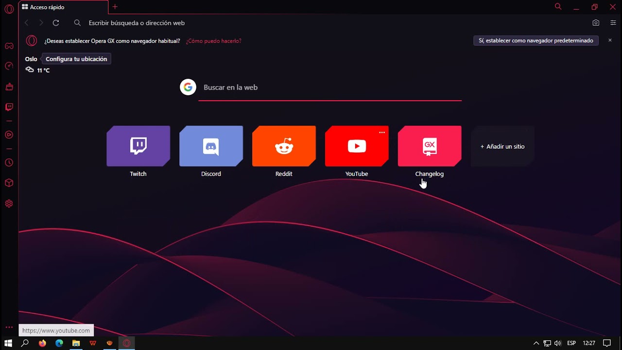 Configuración de navegador Opera GX YouTube