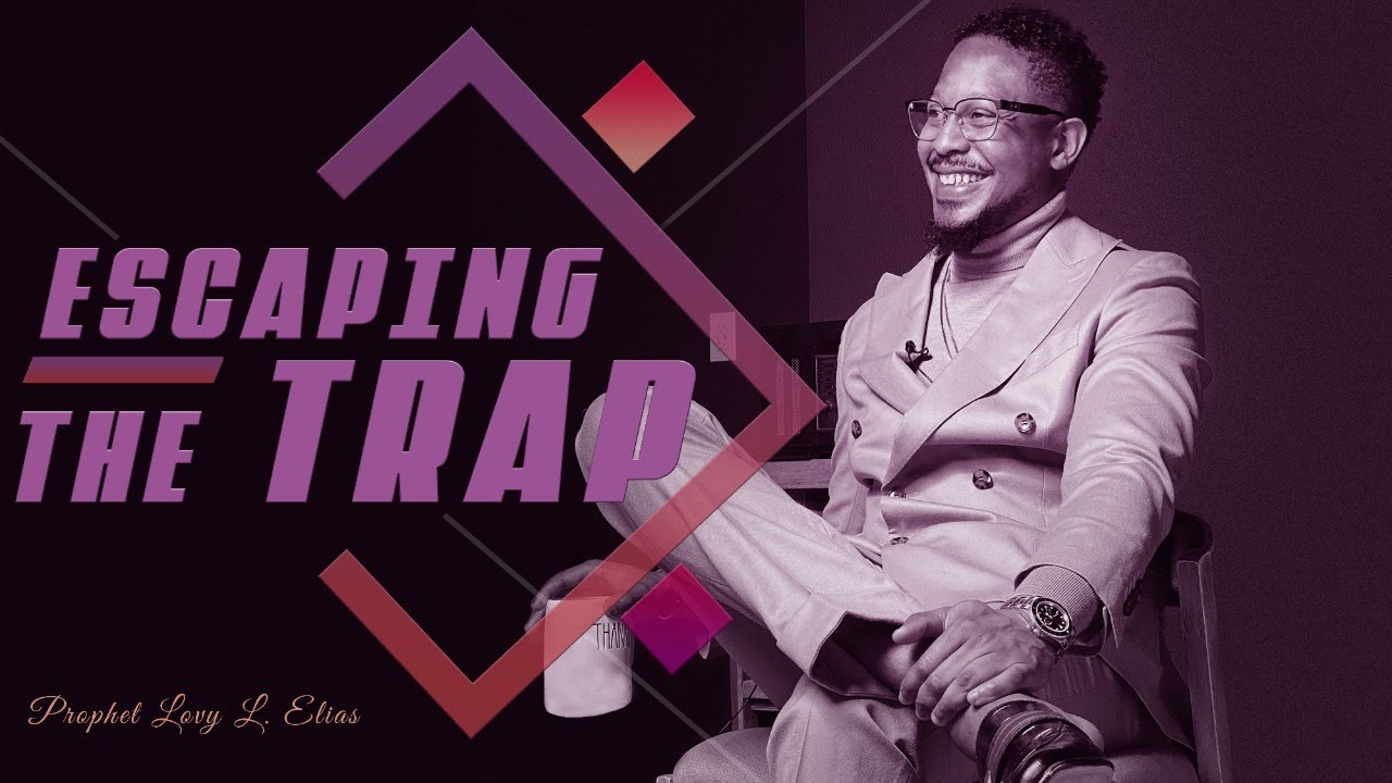 A sermon thumbnail featuring a preacher seated on stage, smiling while teaching. The background includes the bold title “Escaping the Trap” in stylized lettering with geometric shapes in purple tones.