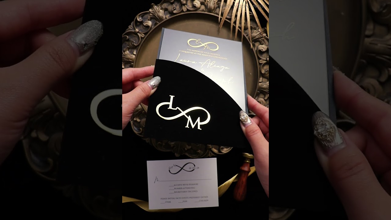 Elegant Gold Printed Acrylic Invitation With Glamorous Velvet Black Pocket EWPAT074