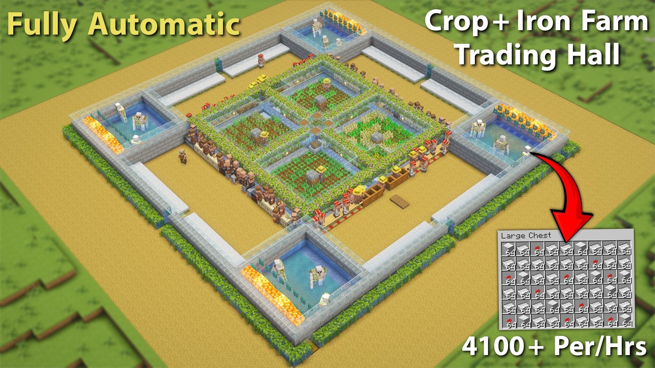 🔥 AUTOMATIC Iron Farm + Crop Farm + Trading Hall 🌾⚒️ | Java & Bedrock 1 ...