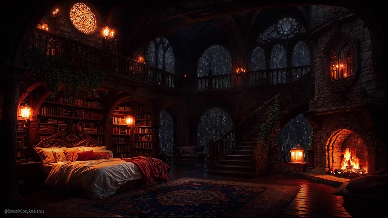 Nighttime Soft Rain, Thunder & Fireplace Sounds in This Cozy Castle Room