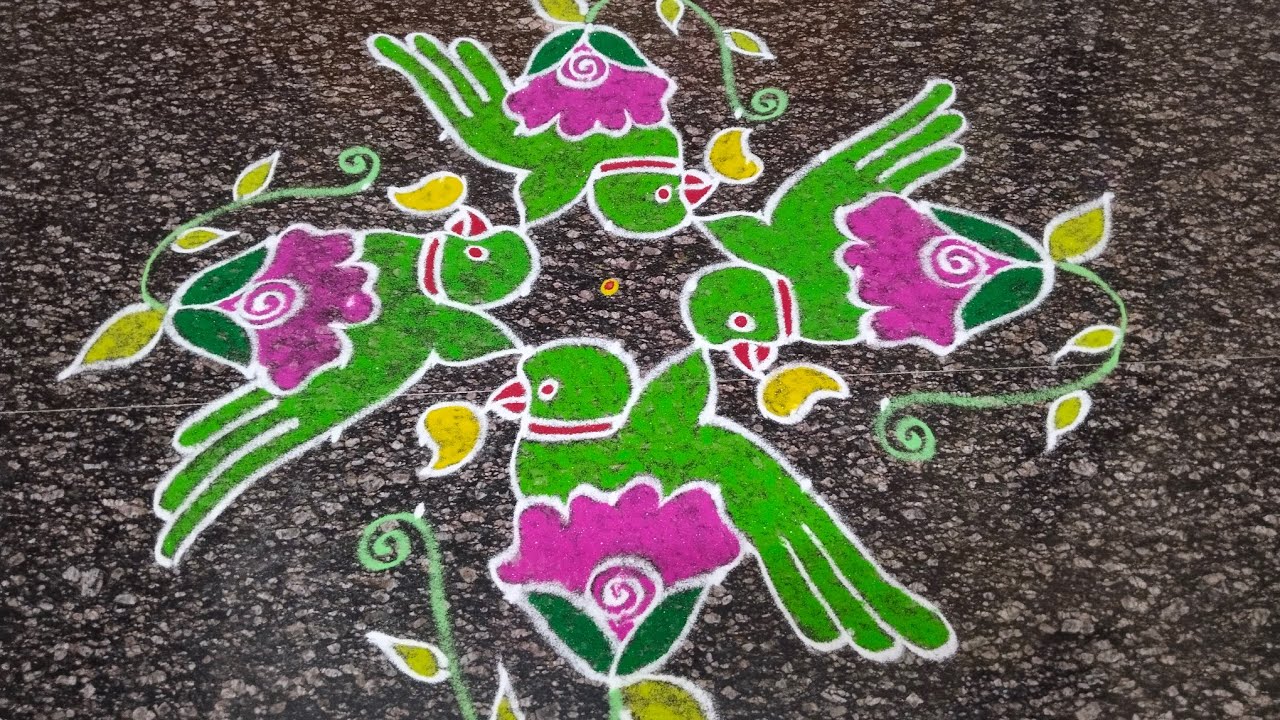 Special parrot rangoli//கிளி கோலம்//11*1 dots rangoli YouTube
