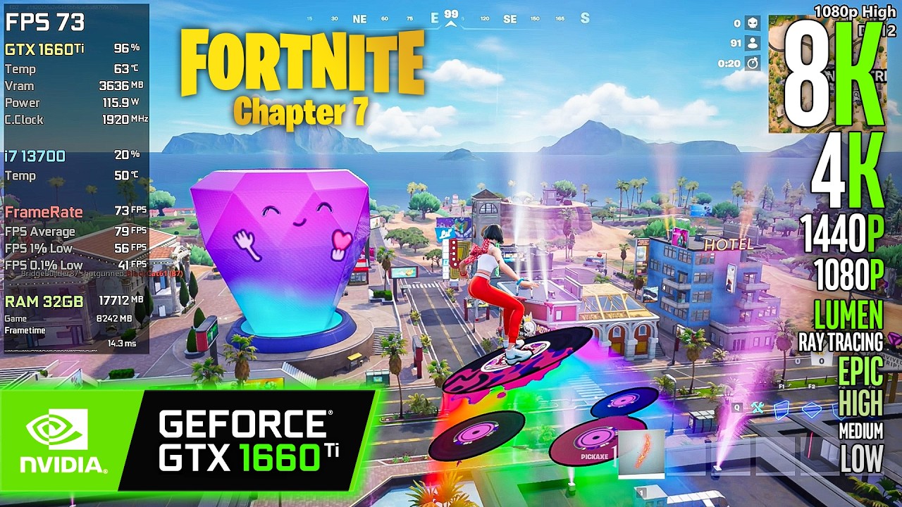 GTX 1660 Ti | Fortnite - Chapter 7 - 8K, 4K, 1440p, 1080p, XeSS - Lumen, Epic, High, Medium, Low