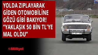 Yolda zıplayarak giden otomobiline gözü gibi bakıyor! \