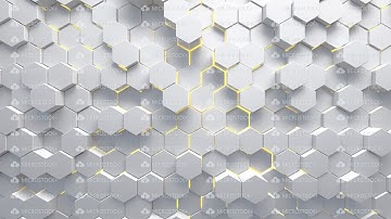 Abstract technological background made of white hexagons with yellow glow. Seamless loop