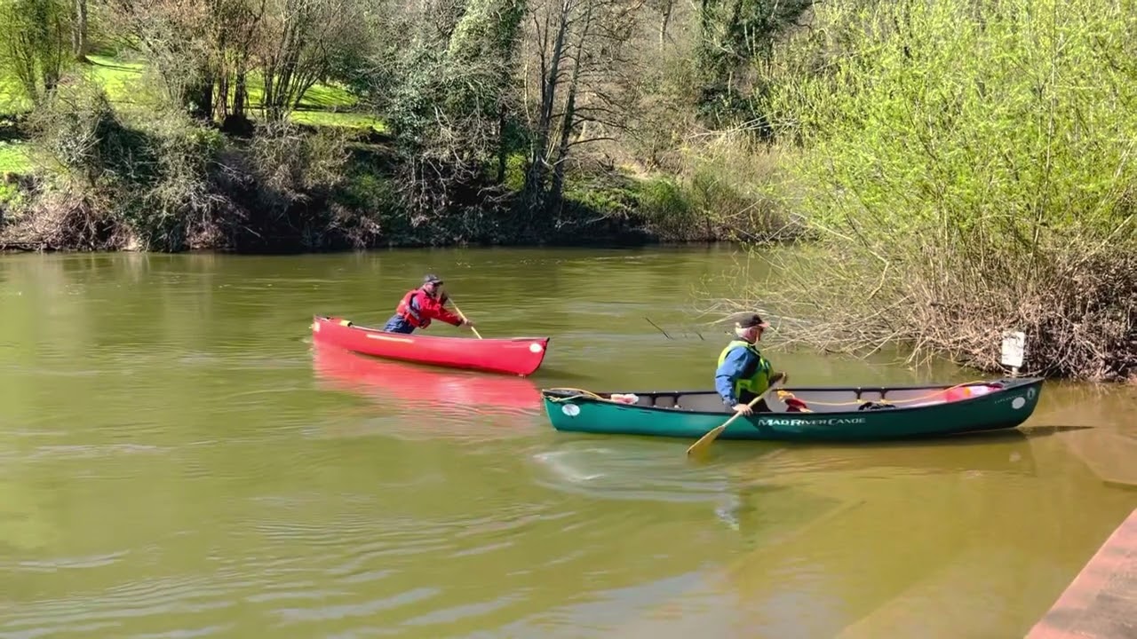 Russell and Huw landing at Kerne bridge canoe launch after some practice