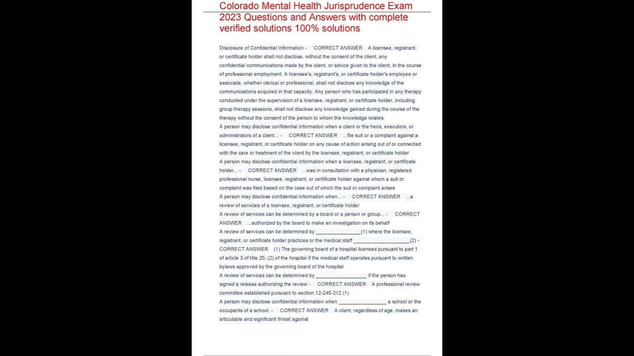 Colorado Mental Health Jurisprudence Exam 2023 Questions and Answers