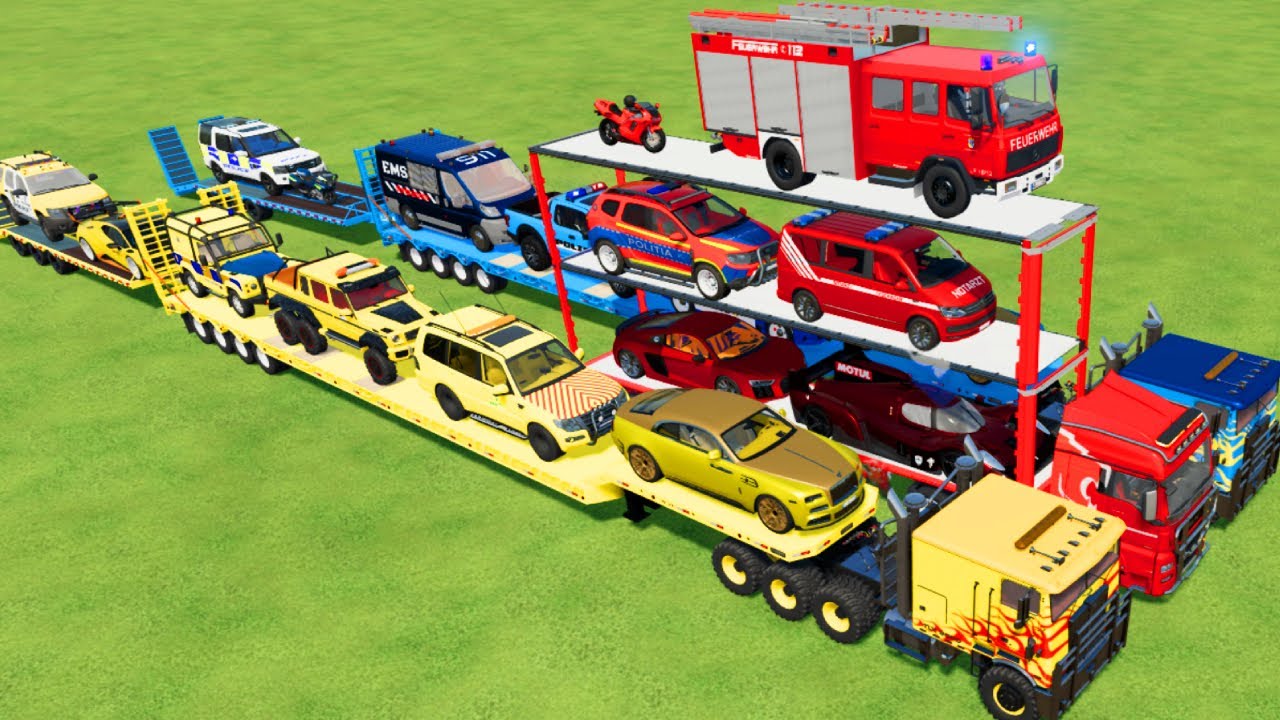 TRANSPORTING CARS, AMBULANCE, POLICE CARS, FIRE TRUCK OF COLORS! WITH TRUCKS! - FS 22