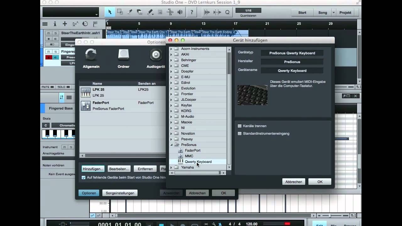 Update Studio One - Computertastatur zum Spielen von Instrumenten verwenden