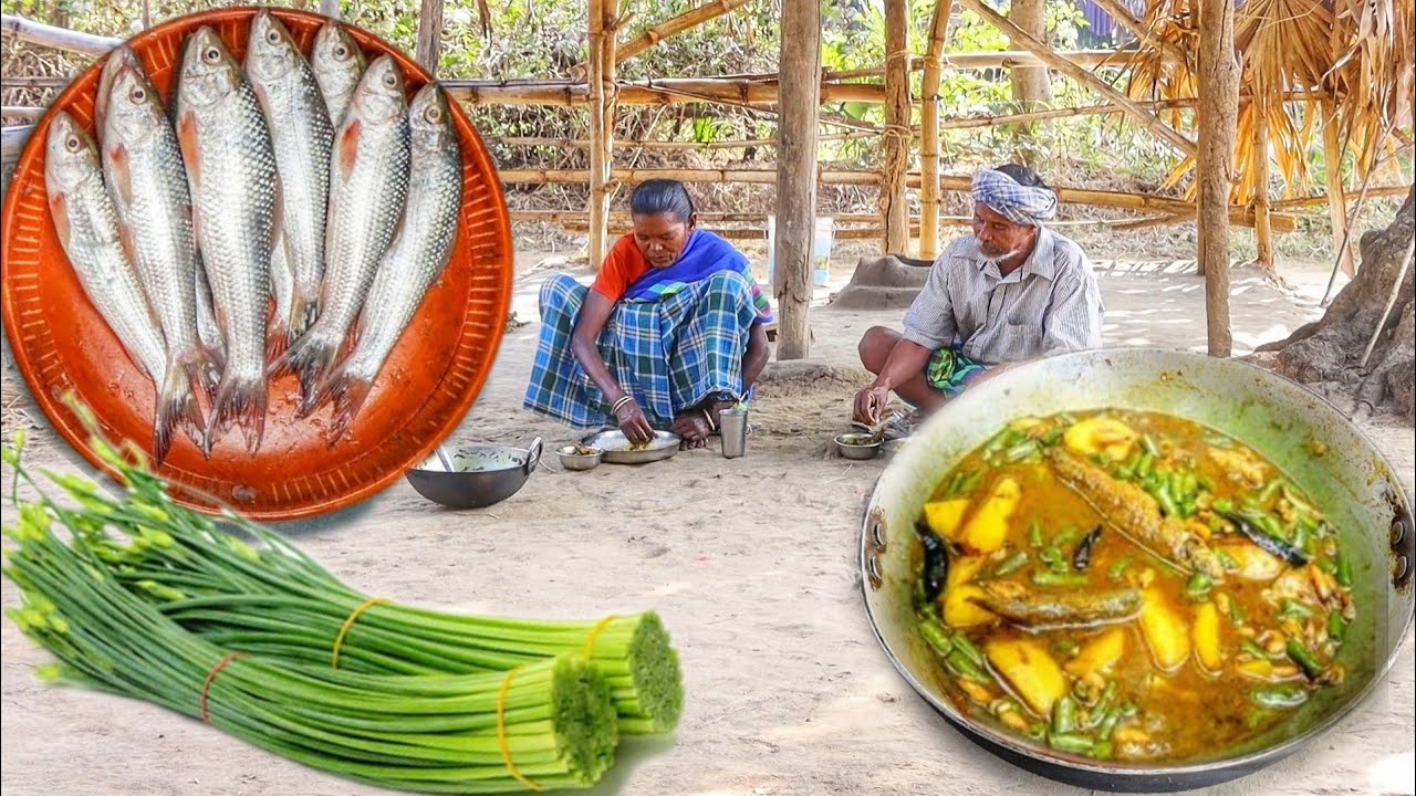 santali tribe grandma cooking&eating SMALL FISH CURRY with onion leafs || fish curry recipe