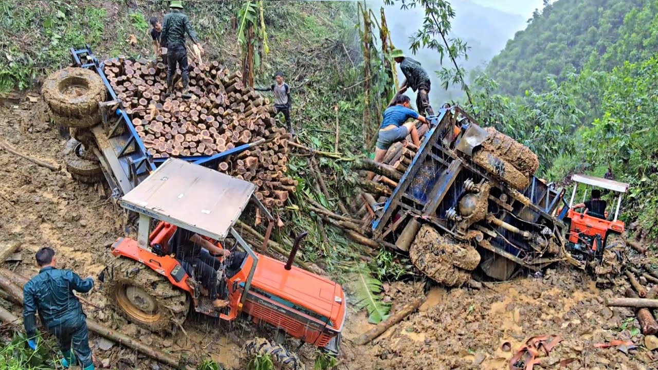 The tractor overturned while carrying wood downhill in the rain