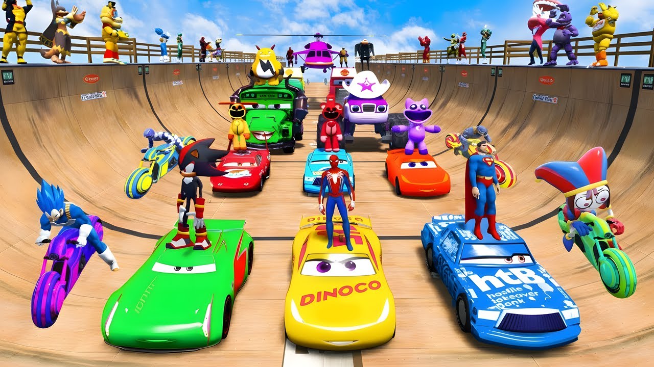 GTA V Spiderman Crazy McQueen Cars Racing By Trevor! MEGA Ramp Jump Challenge