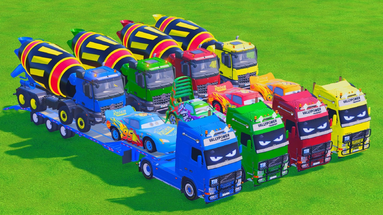 Transporting Colorful! Volvo Hauling McQueen Cars & All Mixer Trucks in Farming Simulator 22