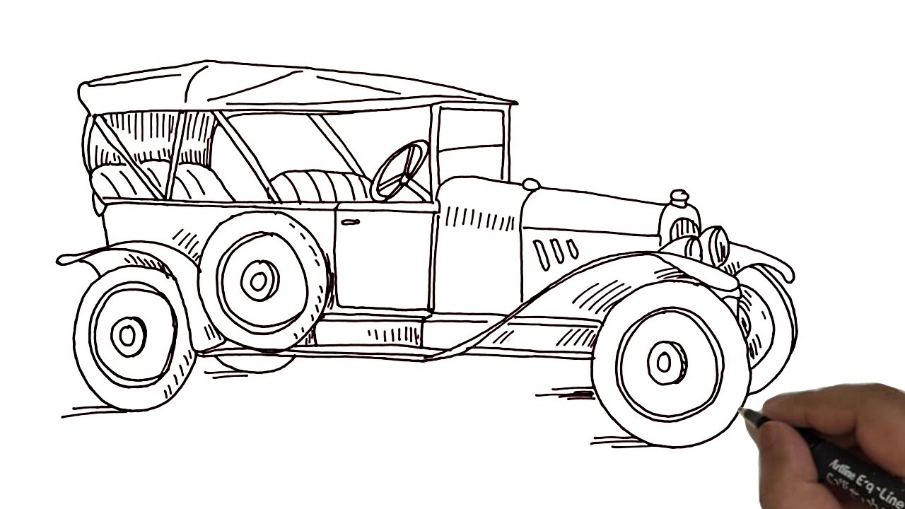 Vintage car. Ink black and white drawing Stock Photo - Alamy