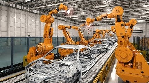 Car factory 3D consept : automated robot arm assembly line manufacturing high tech