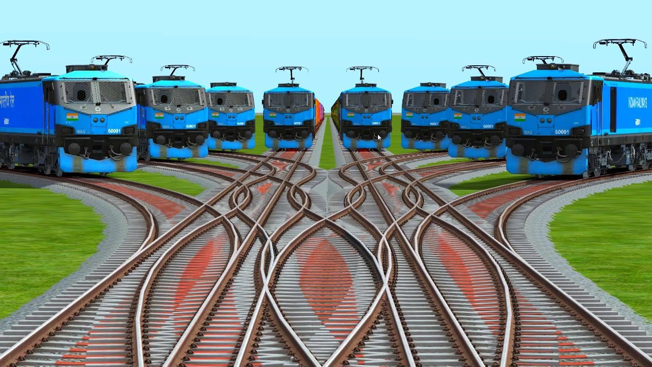 ALL REALISTIC TRAINS CROSSING AT CURVED BRANCHED FORKED ANIMATED RAILROAD TRACKS | Trains Crossing 