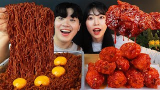 ENG SUB) ASMR MUKBANG TRUFFLE OIL BLACK BEAN NOODLES & FRIED CHICKEN WINGS SOUND !