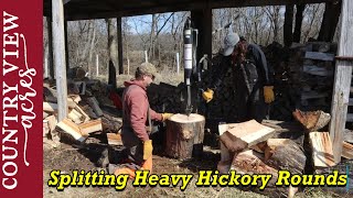 Rebekah Runs Log splitter for first time.   We're turning Hickory Logs into some premium firewood.