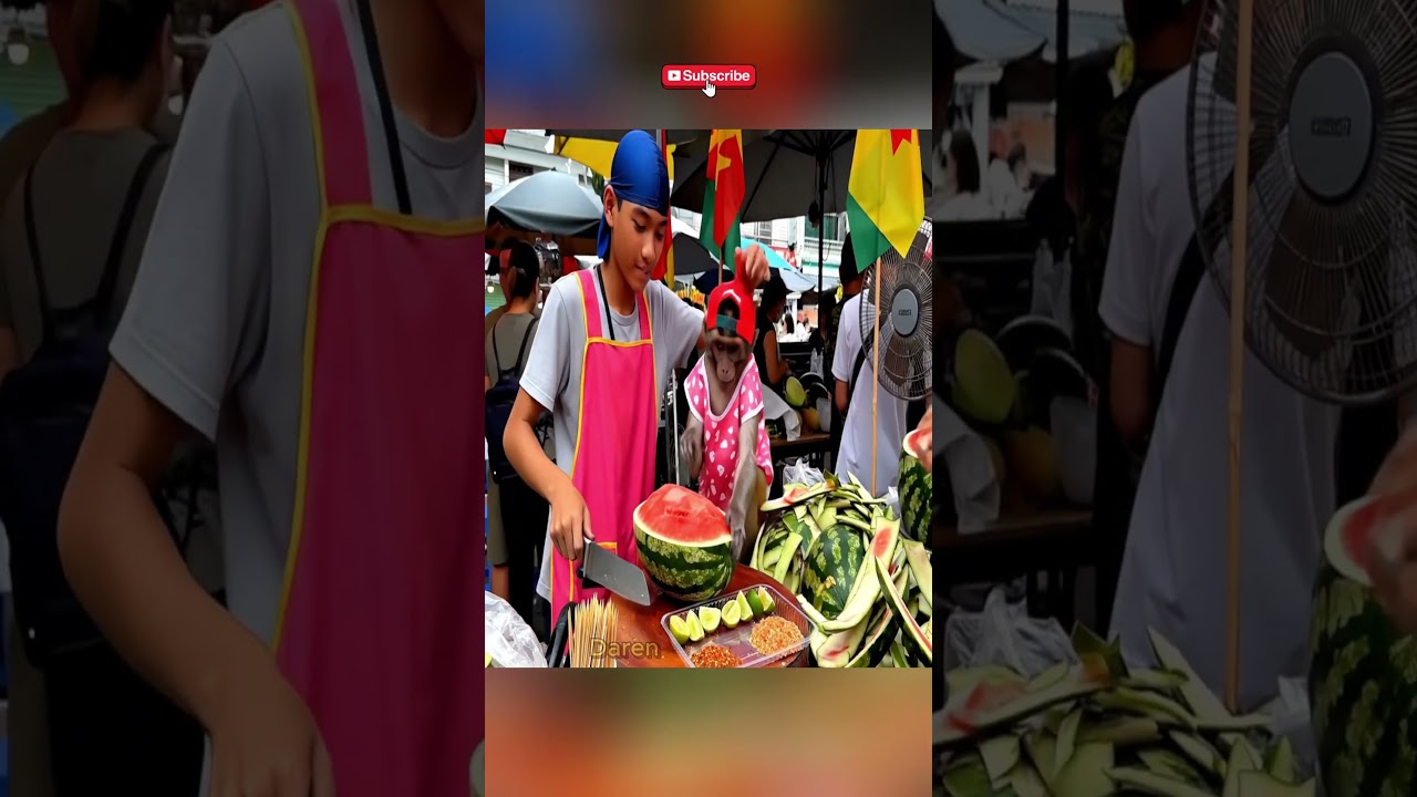 "Monkey Watermelon Assistant Steals the Show at Fruit Market!"