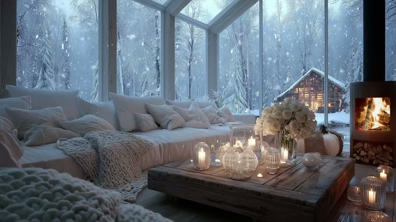 Snowfall Ambience & Fireplace Piano | Peaceful Winter Relaxation