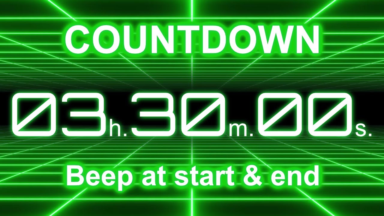 3 Hour 30 Minute Countdown Timer | Start/End Beeps | Neon Green Grid | 4K