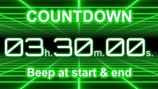 3 Hour 30 Minute Countdown Timer | Start/End Beeps | Neon Green Grid | 4K