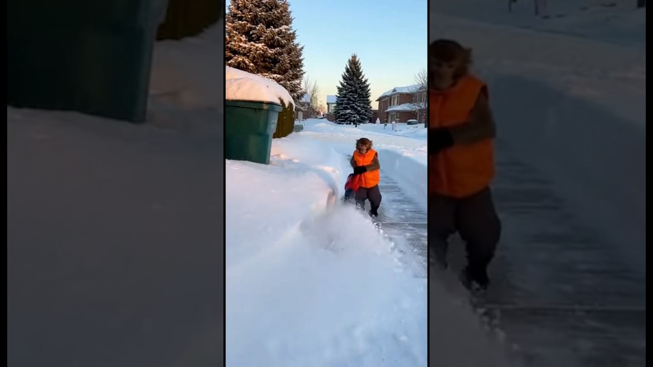 Monkey Cleans Snow Like a Pro
