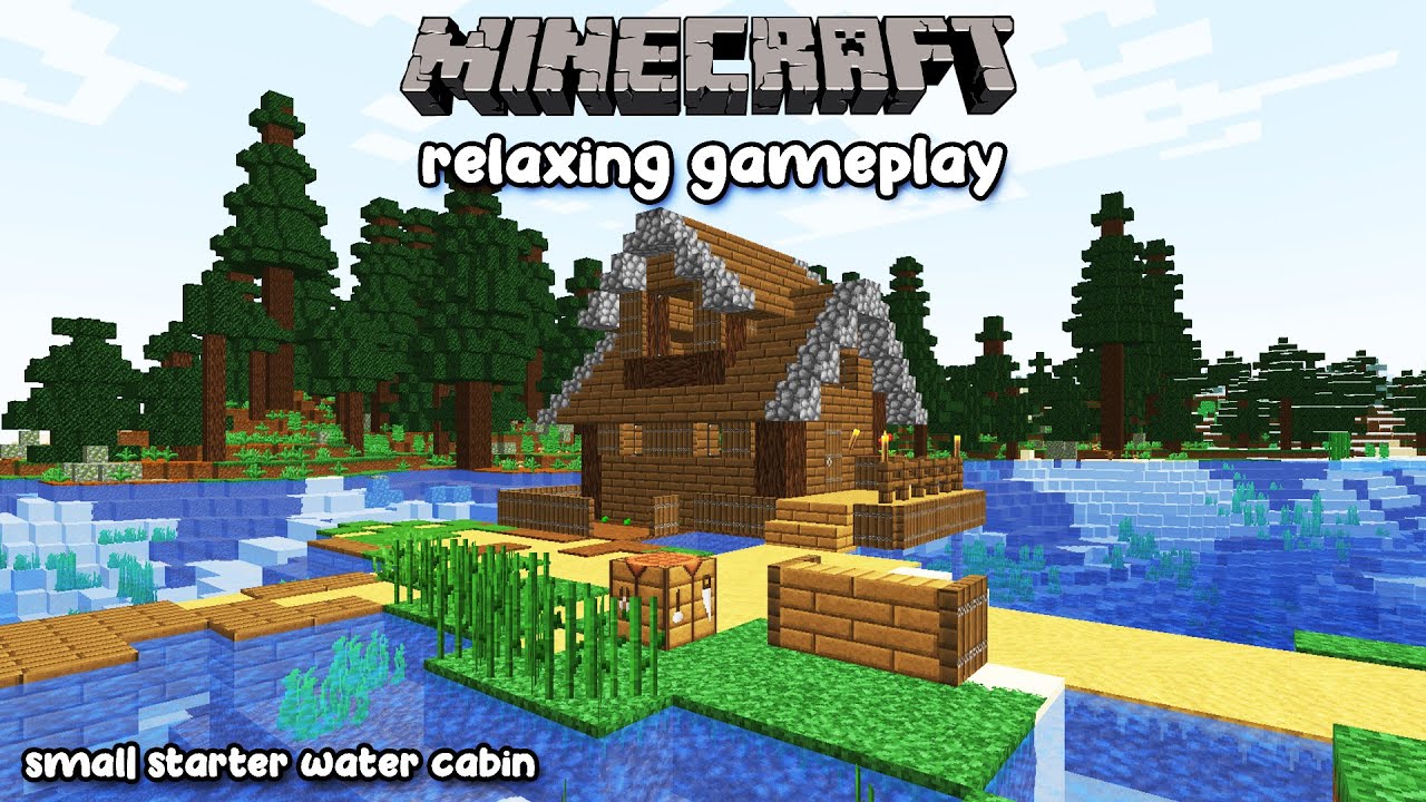 Minecraft Relaxing Gameplay - Rainfall, Relaxing Music, Building a Water Side Cabin (No Commentary)