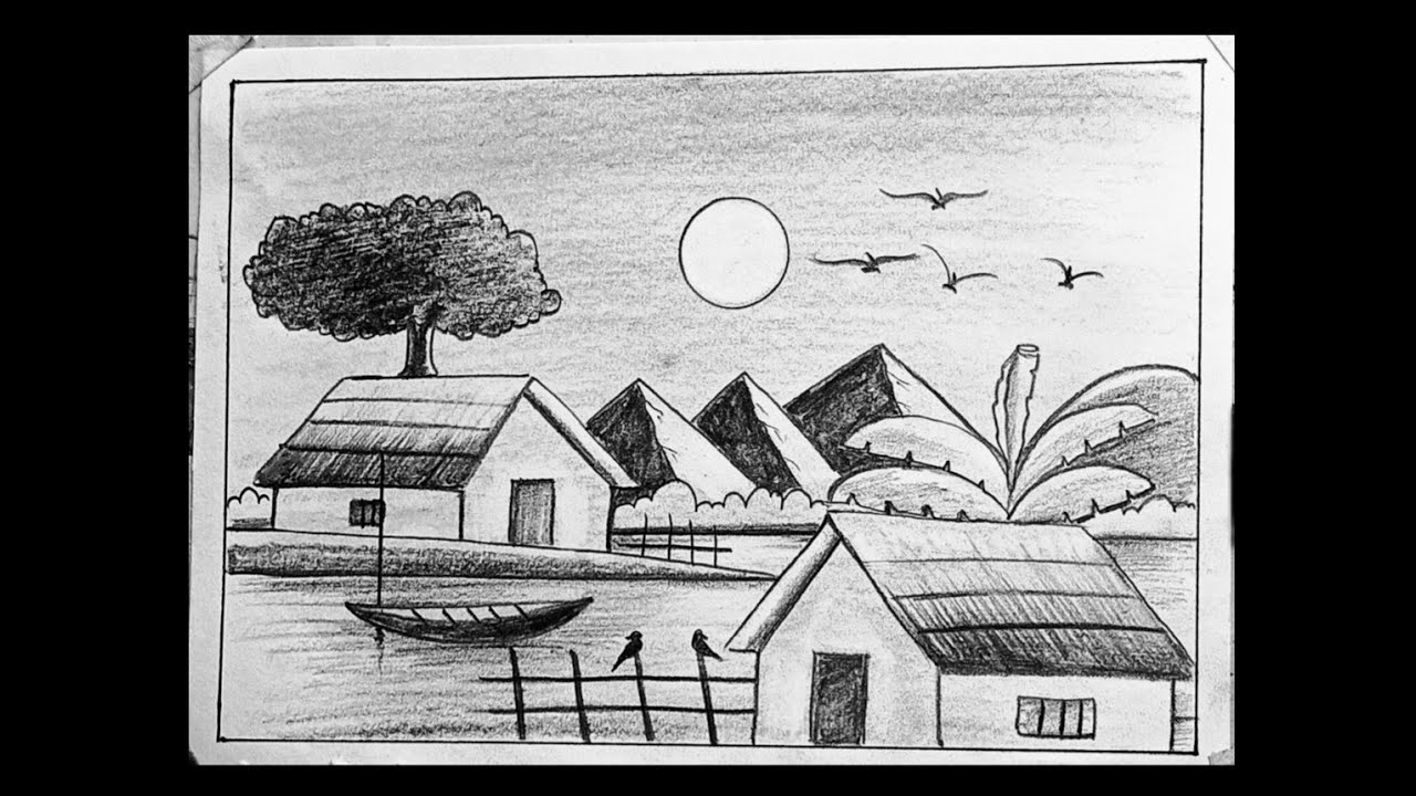 Sunset scenery drawing with pencil step by step, how to draw a