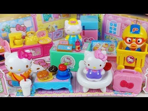 Hello Kitty house and mini mart food shop toys Baby doll pororo car play 헬로키티 하우스 미니 마트 음식 가게 장난감놀이