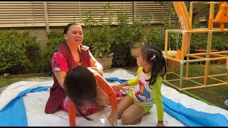 Totally Blind Mom Cleaning Pool Turn into Wrestling with Kids