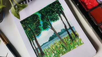 Easy Landscape scenery drawing. How to draw Himi gouache painting tutorial. Easy drawing idea