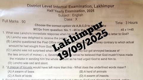 Class X|Lakhimpur District|Half Yearly Examination 2025|English question paper with solved MCQs|HSLC