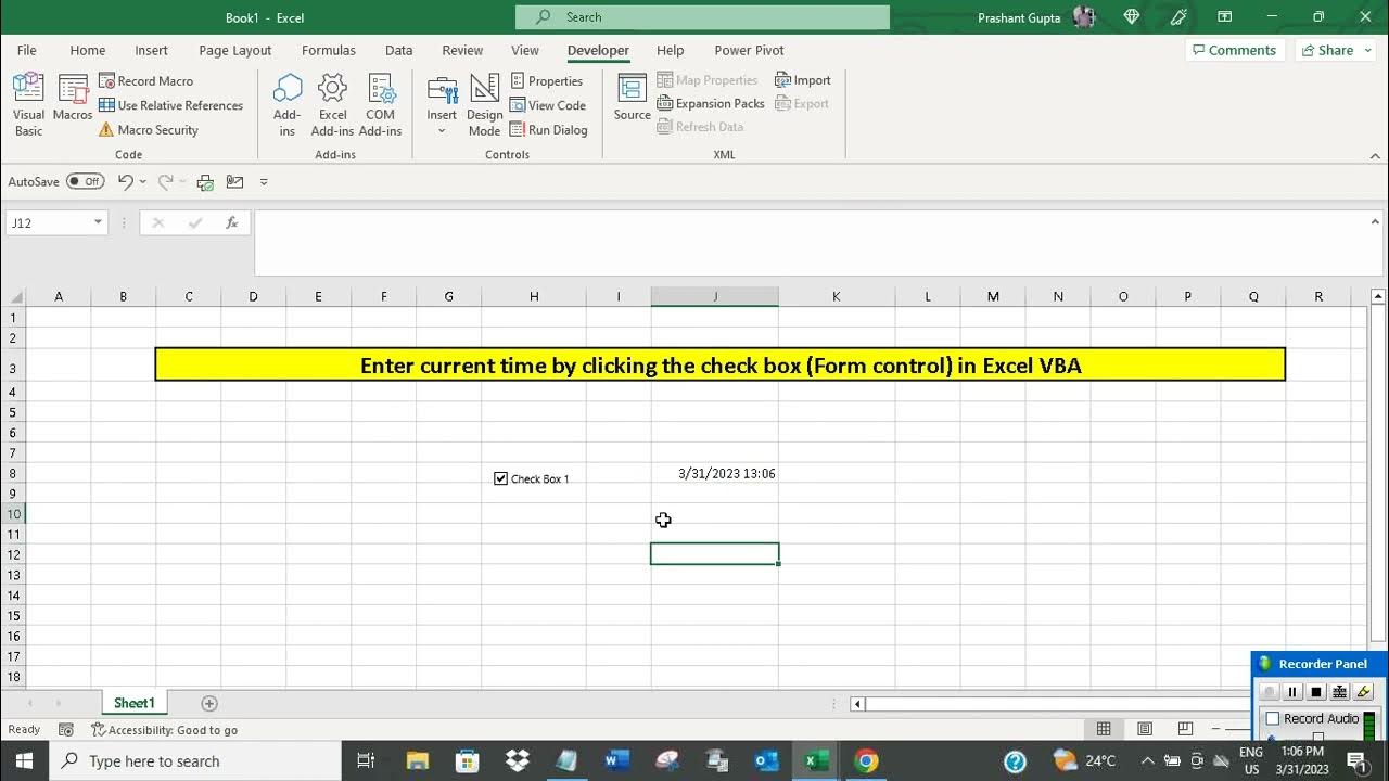 Enter current time by clicking check box form control in excel vba