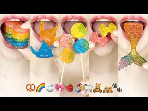asmr COLORFUL KOHAKUTO 🥨🫖🎀🍓🧜‍♀️🐏🧸🧸🐾 EMOJI FOOD 알록달록 코하쿠토 이모지 먹방 eating sounds