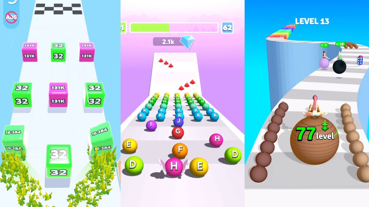 Jelly Run 2048 vs Yoga Color Ball Run vs Letter Roll Abc Balls Max