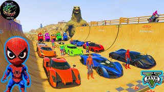 SPIDER-MAN RACES WITH COLORFUL SUPER CARS ON THE MEGA RAMP