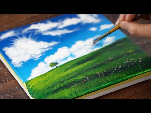 Blue sky and grassland landscape ｜ Acrylic painting
